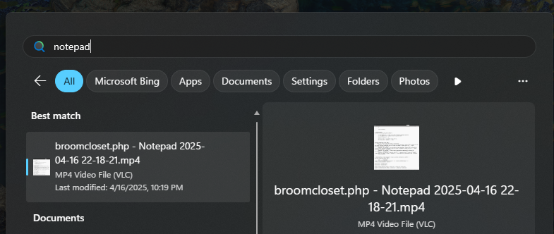 A screenshot of the windows start menu search results

the user has searched for "notepad"

and windows suggests a video file cllaed broomcloste.php - Notepad 2025-04-16 22-18-21.mp4 as the "Best match"