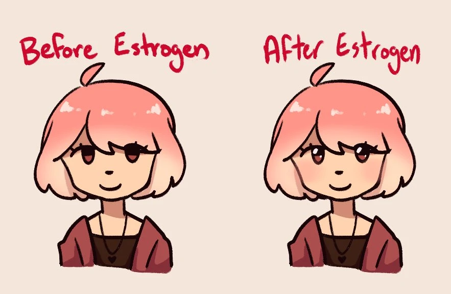 a drawing of a trans person before and after estrogen. The only diference is that their eyes have a light shine to them