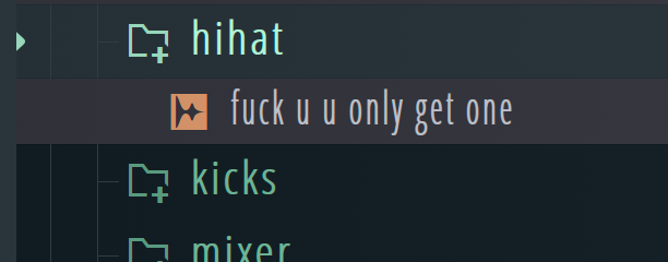 A screenshot from fl studio's sample browser, showing a sample pack with the hihat folder expanded

there's only one item in the list of hihats, it's called "fuck u u only get one"