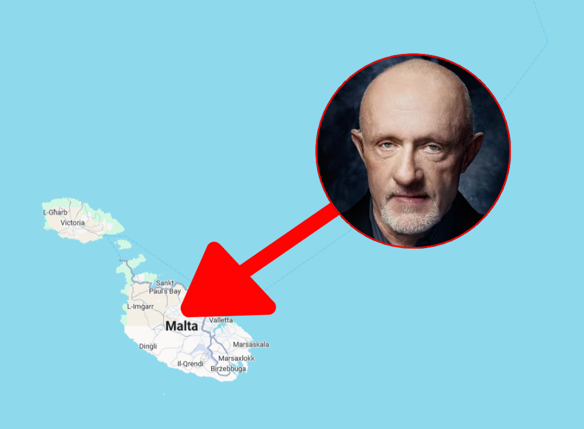 an image of a map of malta, paired with a picture of "finger" from breaking bad in a circle with an arrow pointing to it